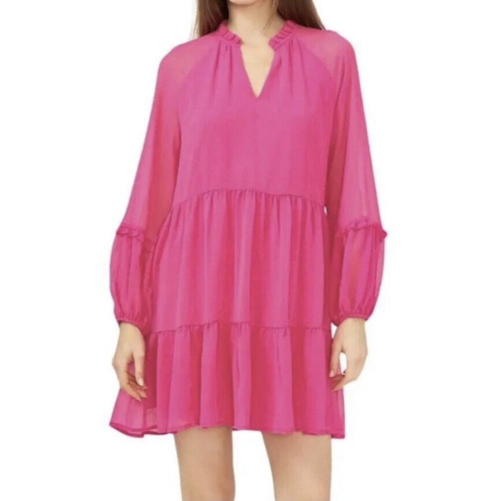 Vince Camuto Size Large Pink Chiffon V‎ Neck Tiered Mini Dress Barbiecore